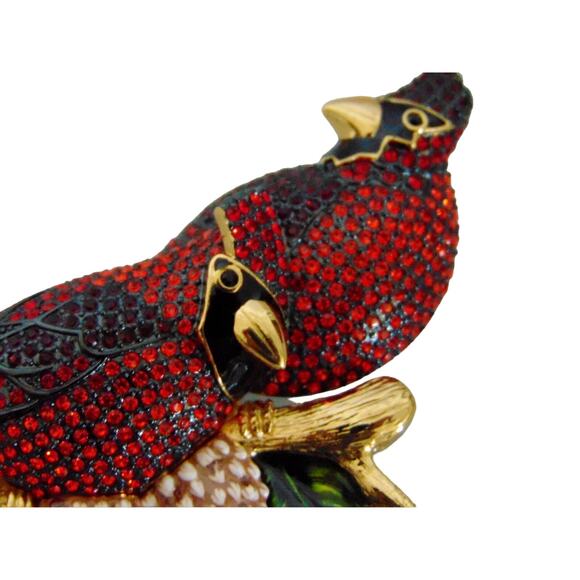 Joan Rivers BROOCH PIN Pair RED CARDINAL BIRDS Perched LG 4" Crystal Rhinestones - Picture 4 of 6